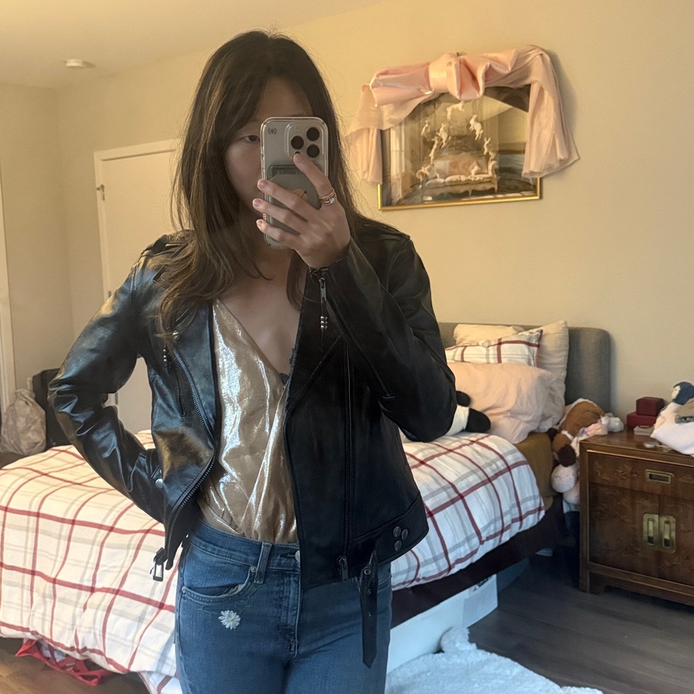NWOT BLK Denim black glossy moto leather jacket